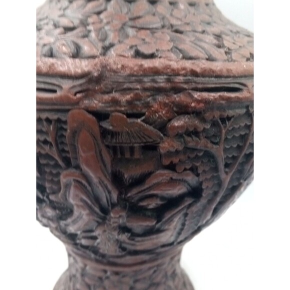Chinese Cinnabar Vase Carved Super Rare Piece Antique 8 1/2" Tall - Picture 12 of 16